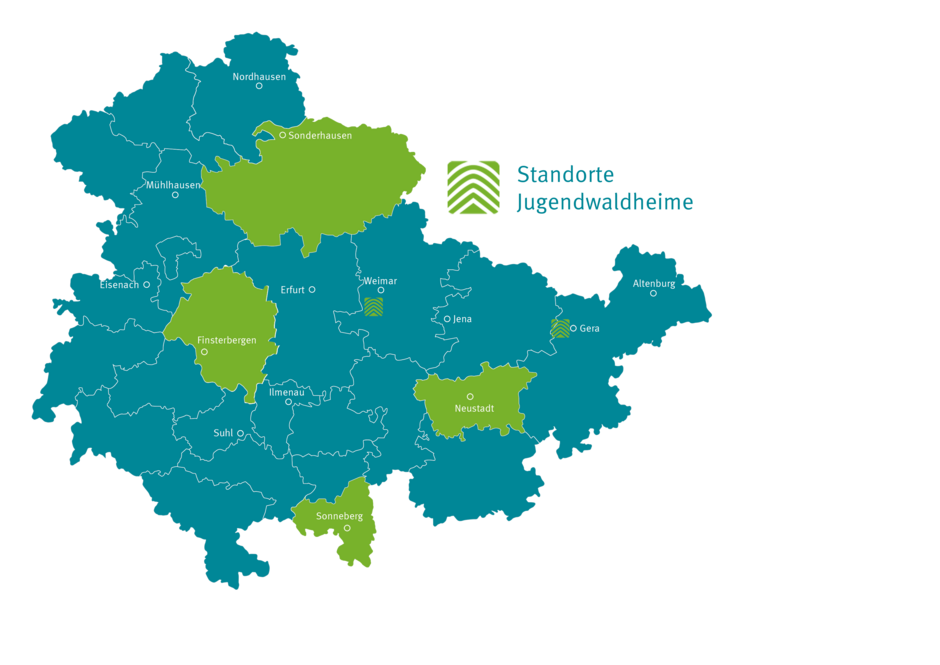 Schemenhafte Karte von Thüringen mit den Standorten für das FÖJ