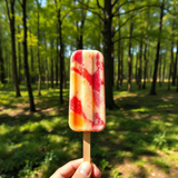 Linkziel: Link zum Beitrag mit dem Thema Wenn Buchenholz Eis trägt; Bildinhalt: Nahaufnahme eines Eis am Stiel - im Hintergrund ein Buchenwald (mit KI generiertes Bild)