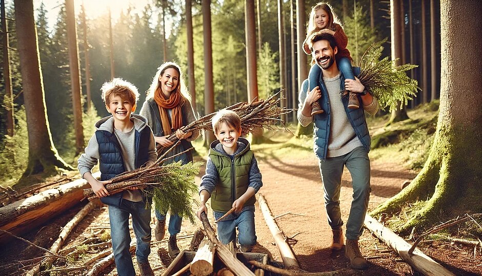 Fotorealistische Illustration einer jungen, sympathischen Familie mit 3 Kindern, die im Wald bei gutem Wetter Holz gesammelt hat und dich glücklich anschaut.