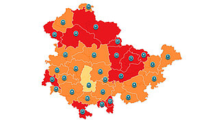 Karte von Thüringen mit unterschiedlich eingefärbten Regionen, um die Waldbrandgefahrenstufe darzustellen.