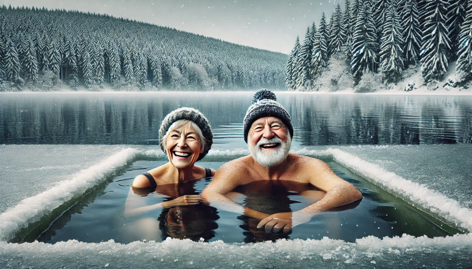 zwei Senioren mit Strickmützen beim ausgelassenen Eisbaden vor der Kulisse des verschneiten Thüringer Waldes