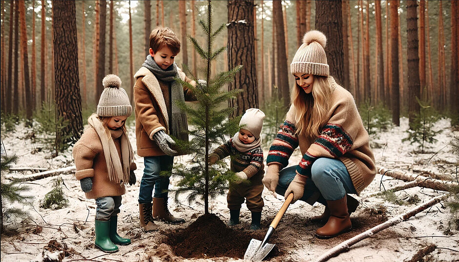 Eine schicke junge Mama in pfalnzt mit ihren 3 kleinen Kindern im Wald ein Nadelbäumchen in die Erde. Alle tragen warme Winterkleidung.